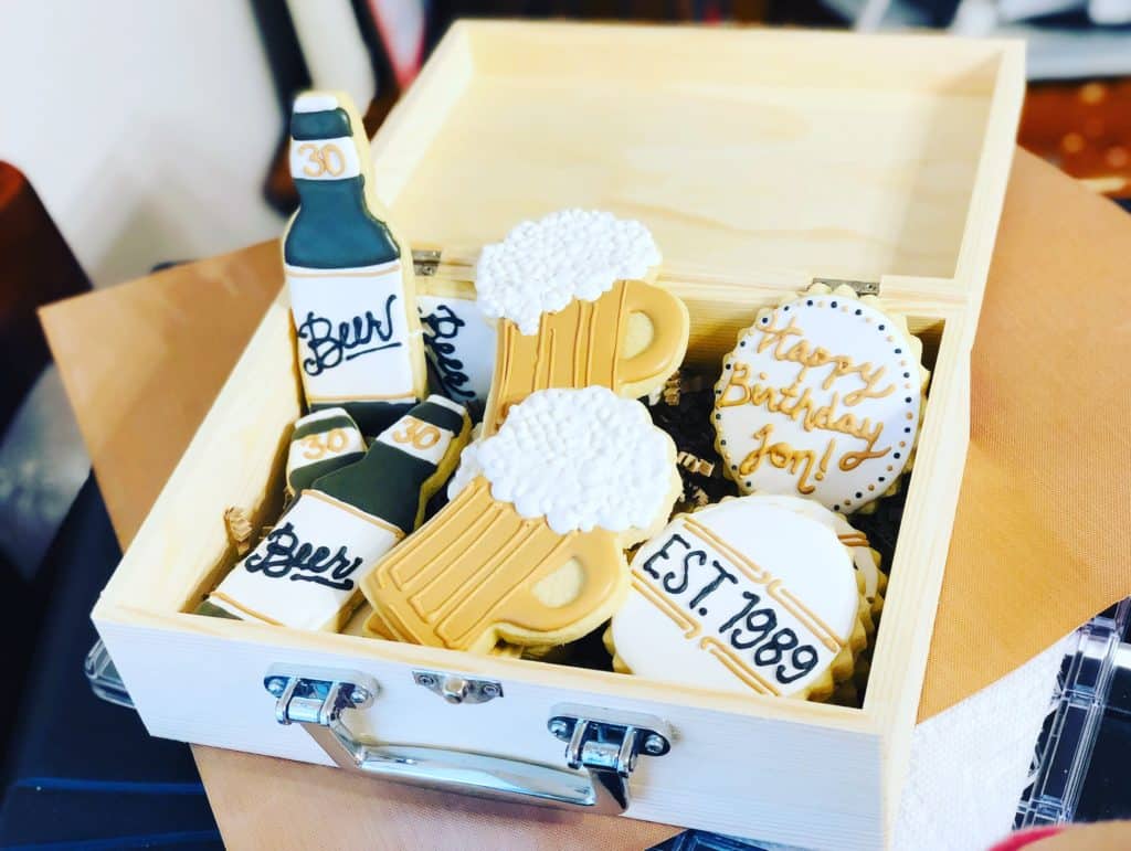 Wooden box filled with beer themed cookies