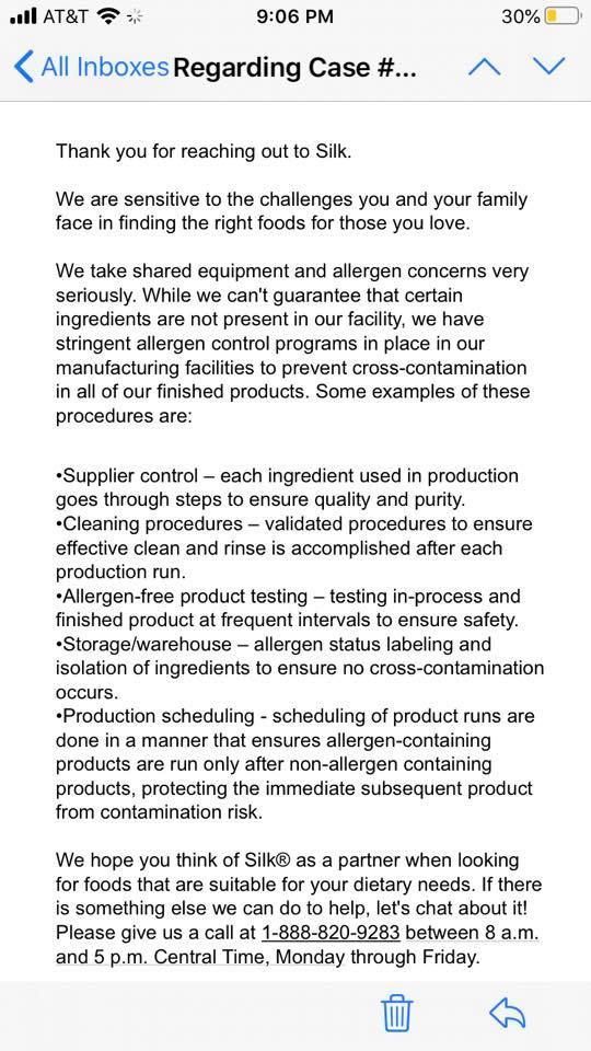 Silk's email response regarding cross contamination risk