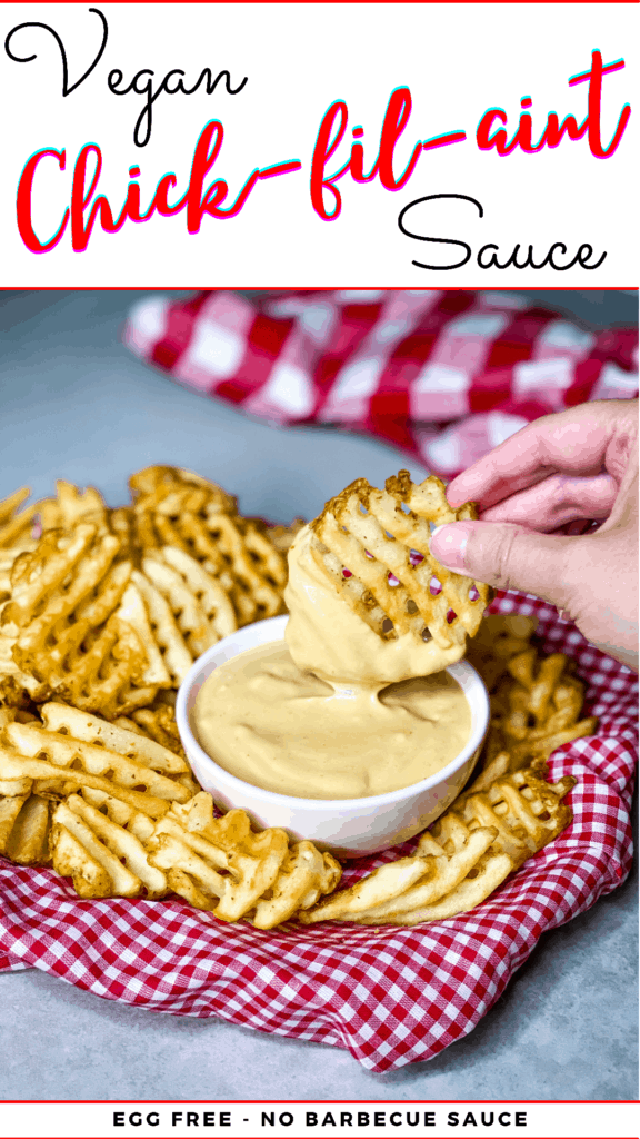 Pinterest pin with a photo of the sauce and waffle fries