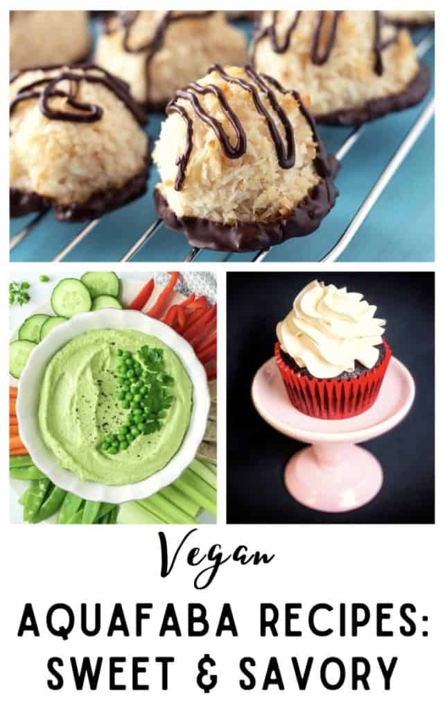 Collage of aquafaba recipes - pea hummus, coconut macaroons, and a chocolate cupcake with meringue buttercream. The font reads Vegan aquafaba recipes sweet and savory
