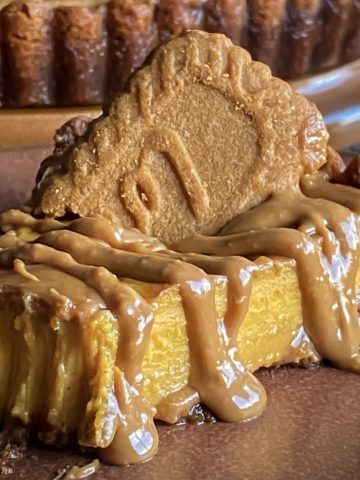 A slice of pumpkin cookie butter cheesecake with a forkful removed from the tip.