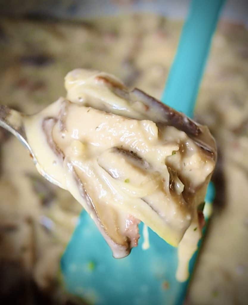 a closeup of a spoon full of marsala cream sauce with shiitake and onions