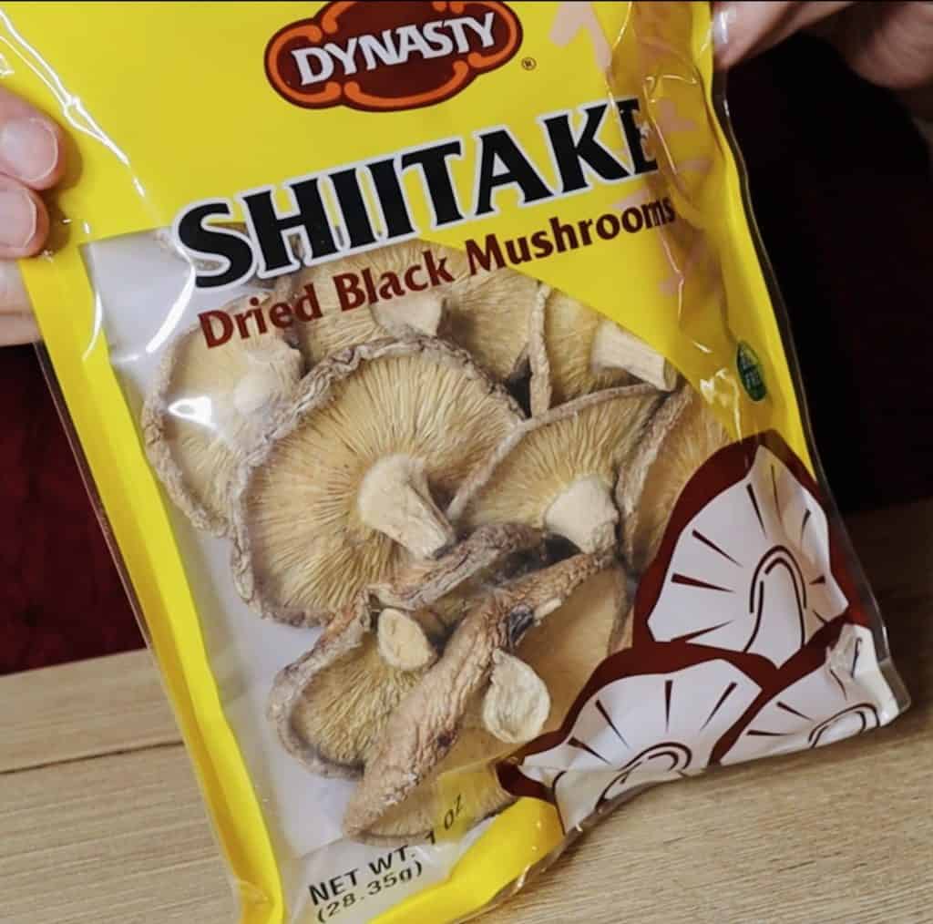 A yellow bag of dried shiitake mushrooms